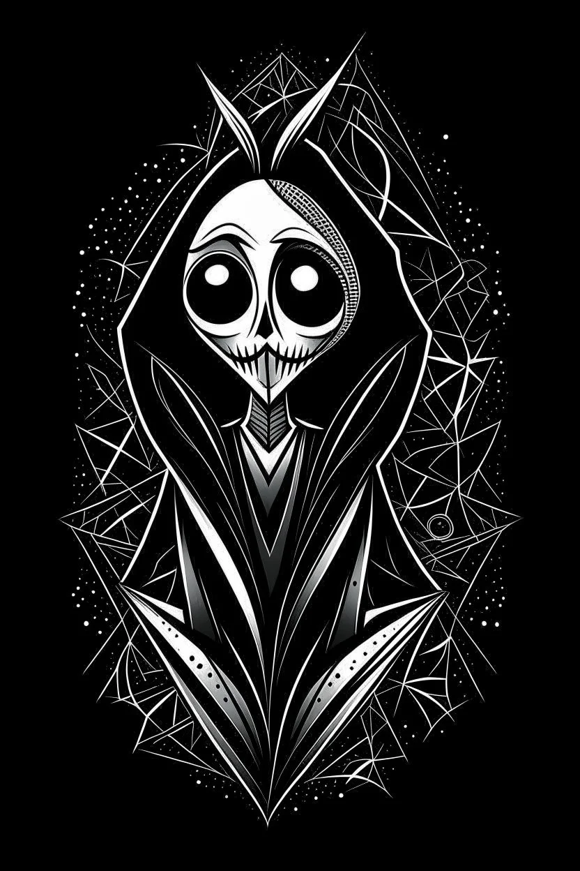 tim burton's jack skellington in a black hooded cloak drawn in a retro mascot style, inside a diamond shape on a black background, monochromatic