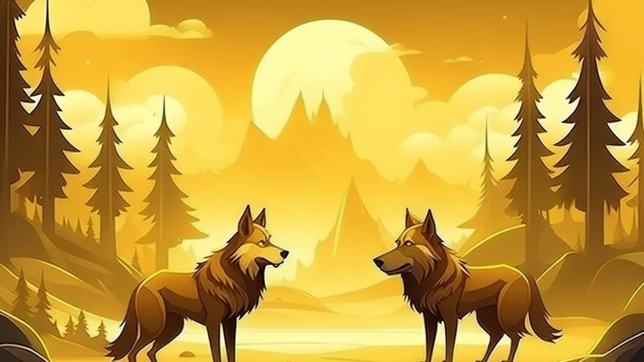 fantasy cartoon style illustration: pack of brown wolves is guarding golden coins near the scary and cold and hazy Misty Ridge