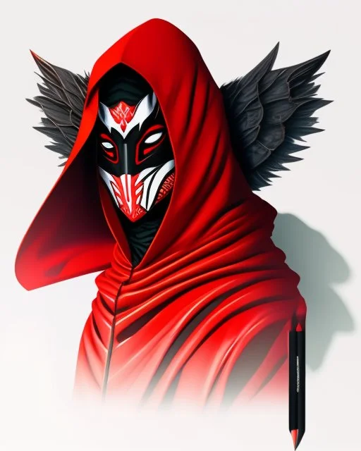 Draw an illustration with a red and black hood and a dragón mask over they eyes, front view