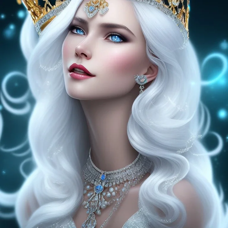 Ice Princess with white hair smilling, a crown with precious stones, bright background