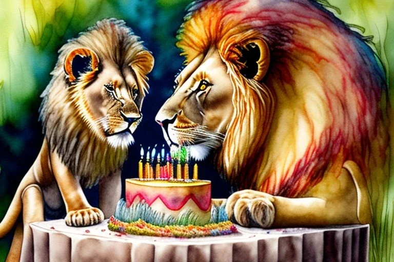 Lion is having a birthday cake. Highly detailed, smooth colours, realistic landscape. Aquarell