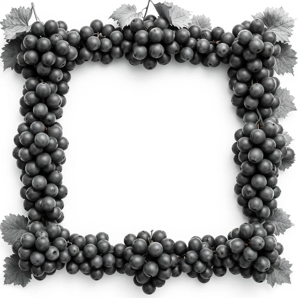 A square frame made with bunches of grapes in a black and white theme