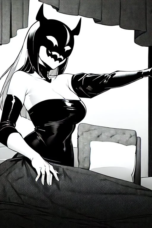 girl with demon mask in bedroom, grayscale