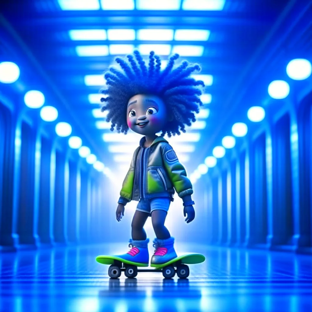 cute happy hairychinese futuristic afro punk chat robot with skateboard photo shoot in big train hall, 8k, downlight, soft light, depth of field, photo realism, trending on art station, high detail, smoke and fog