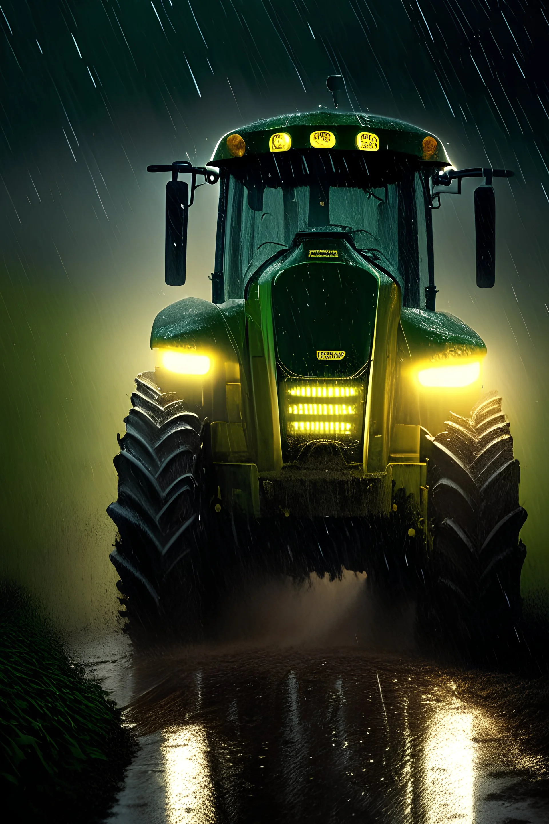 john deere tractor driving on muddy path, it is raining, the tractors headlights are on, light is reflecting in the raindrops