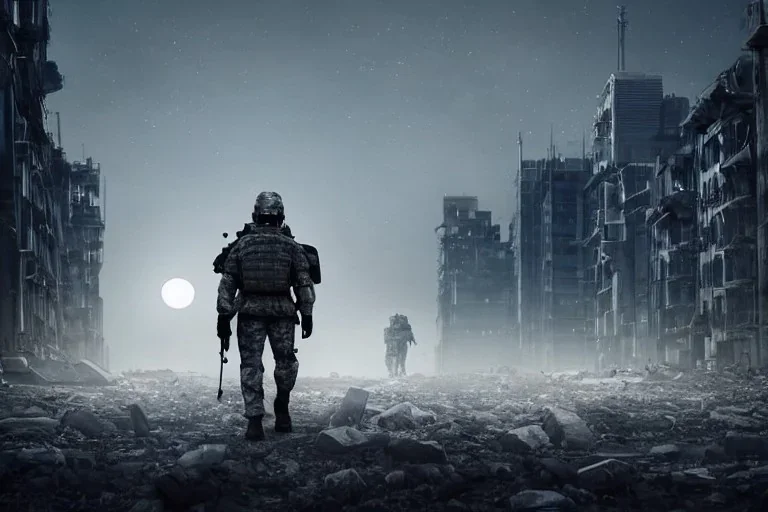 A high tech Soldier walking on the post apocalypse city, night , full moon , realistic , high resolution , HD , 1920pX1080p , dark