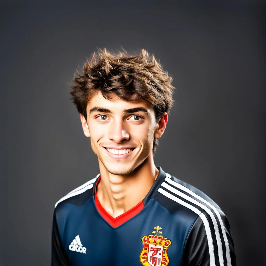 85mm DSLR color photography of a very detailed headshot fitting all of head and hair in frame. 19-year-old Spanish soccer player, and with no facial hair and has no facial hair, has short and black hair with a small smile, grey background