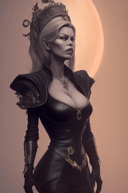 Brigitte Bardot as evil queen in black leather, leather, busty, cleavage, angry, stern look. character design by cory loftis, fenghua zhong, ryohei hase, ismail inceoglu and ruan jia. unreal engine 5, artistic lighting, highly detailed, photorealistic, fantasy.