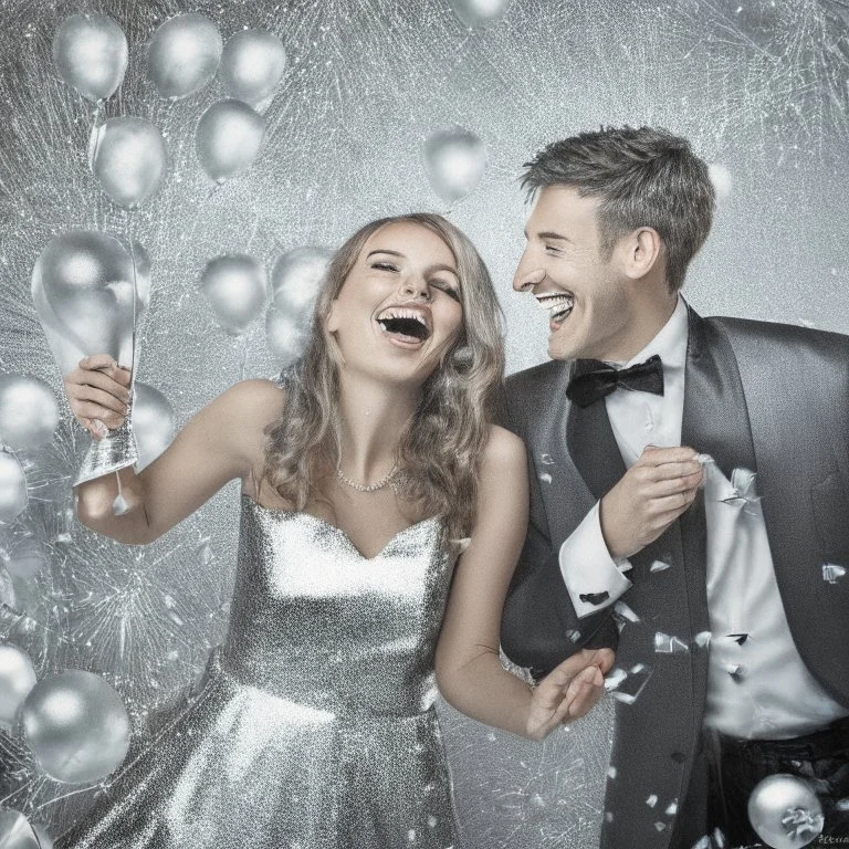 Photograph of a happy couple celebrating with silver party decoration.