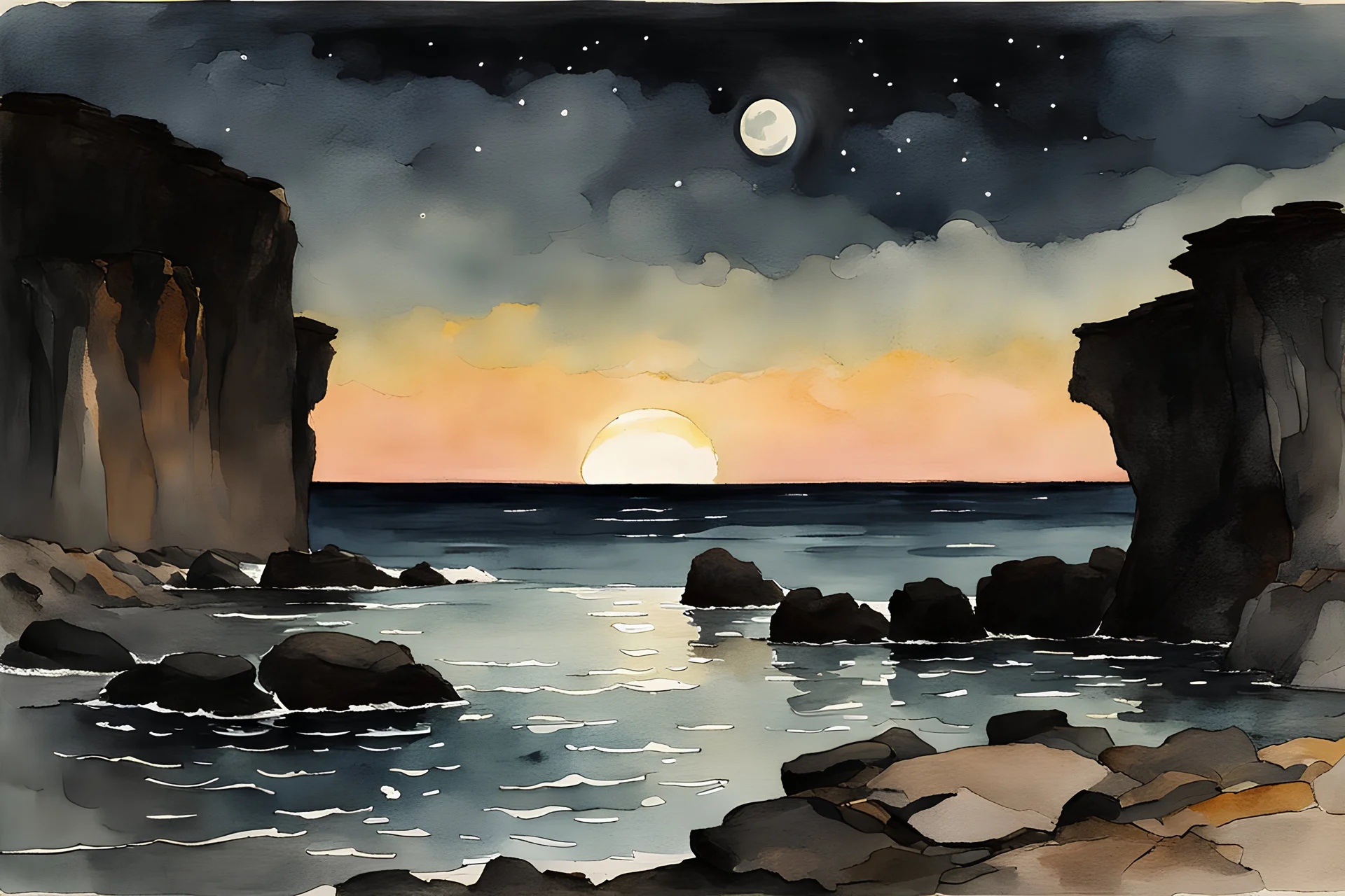 Night, rocks, cliffs, distant mountains, sci-fi, fantasy, winslow homer watercolor paintings