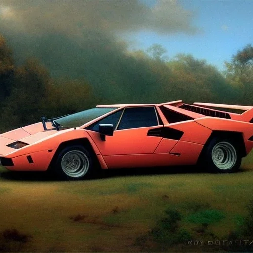 hyperrealistic full picture of 'Lamborghini Countach' three quarter view,by gaston bussiere, greg rutkowski, yoji shinkawa, yoshitaka amano, tsutomu nihei, donato giancola, tim hildebrandt,oil on canvas, cinematic composition,Sharp detail,extreme detail,fit car inside picture,16k