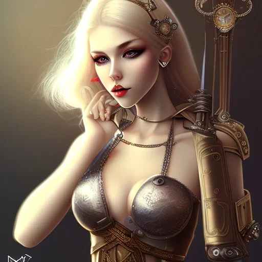 steampunk blonde girl, sexy, deep tone, sword