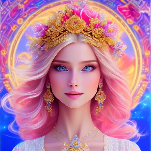 Beautyful smiling young woman, long hair amazing blue eyes, flowers, happy cosmic, bright colors, blue, pink, gold, jewels, realistic, photo real, clear sunny background, highly detailed, high contrast, 8k high definition, unreal engine 5, extremely sharp detail, light effect, sunny light background