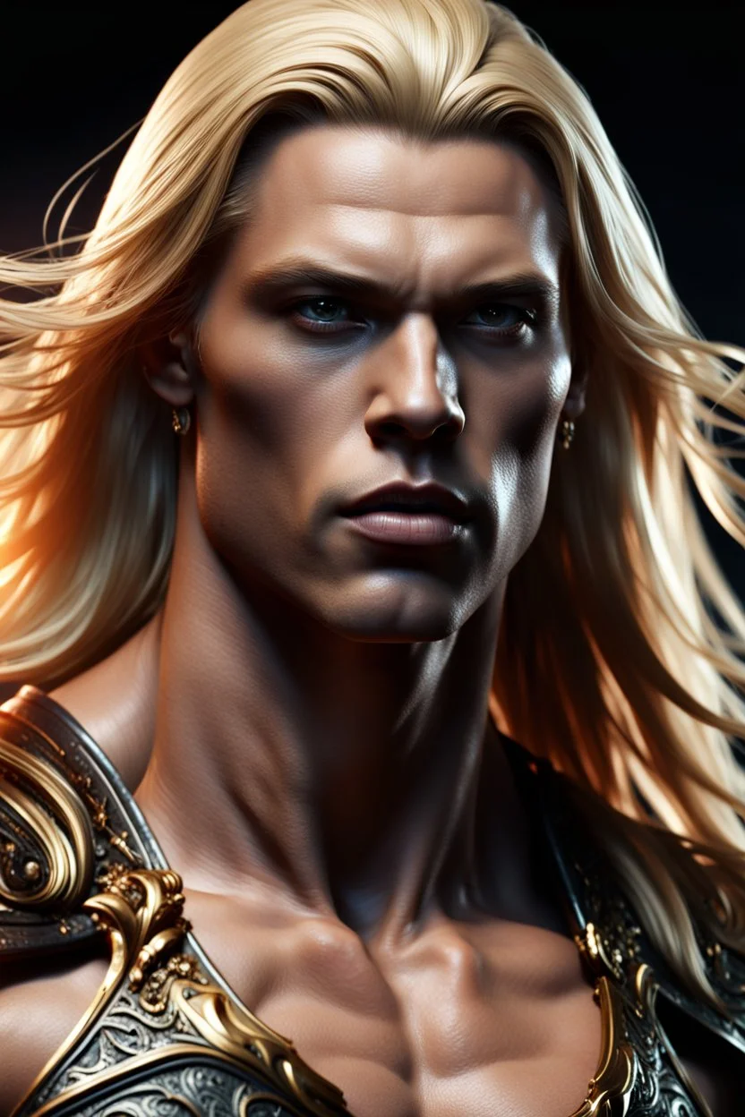Muscular alpha male with Long blonde hair , dark fantasy, intricate details, hyper detailed. 4K. Photorealistic