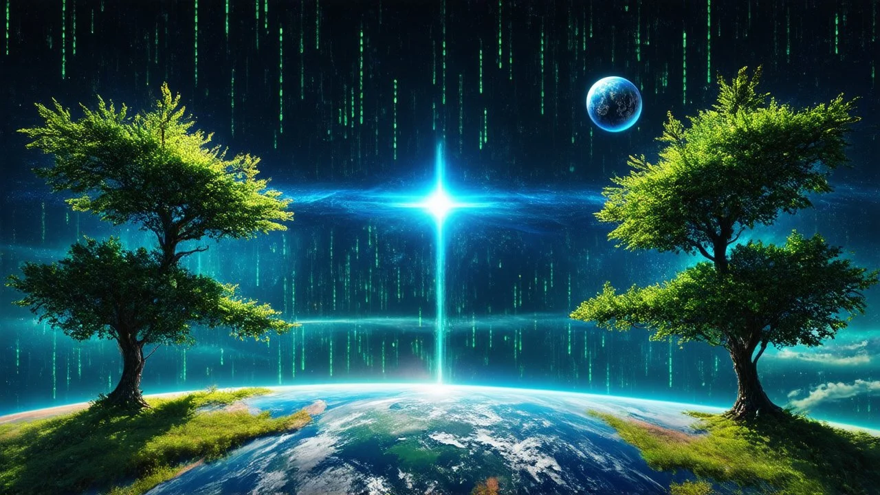 matrix universe, space, planets, god creation, angels from other dimensions, trees on the planet under, tiberium groving