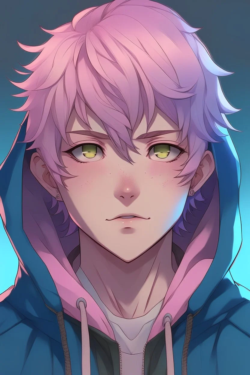 An anime man with messy short pink hair and narrow blue eyes wearing a hooded jacket Realistic.