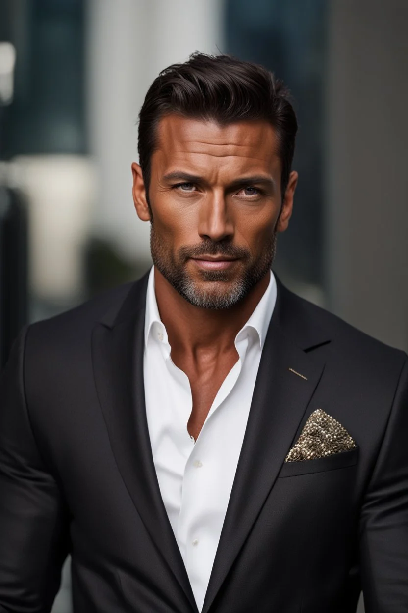 40 year old muscular man with Dark tanned skin. short dark brown hair, and neatly trimmed medium length beard. scar on his cheek. wearing an expensive suit