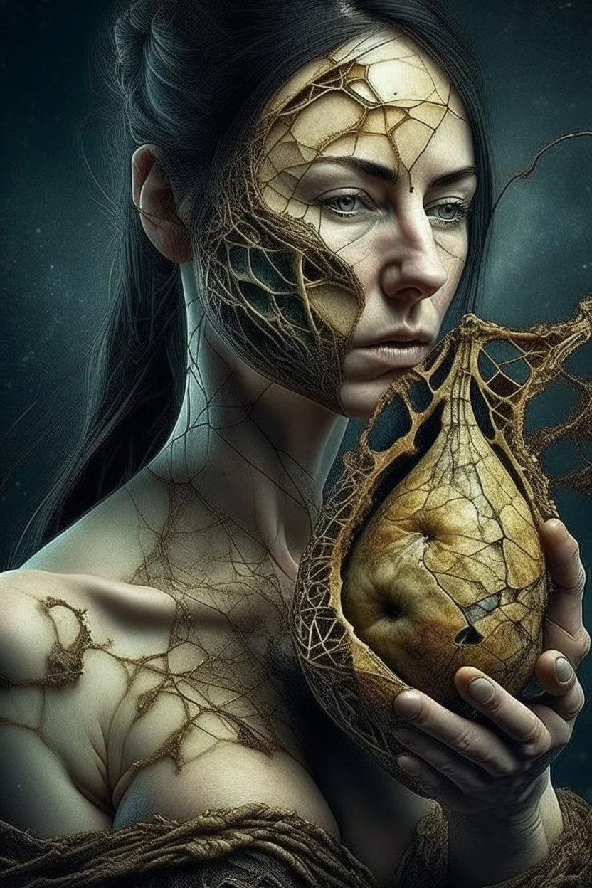 Grunge, woman as a decaying dried out Pear intricately showing its internal structure and seeds, cyberpunk, ultra unique natural textures, slight imperfections, vray.