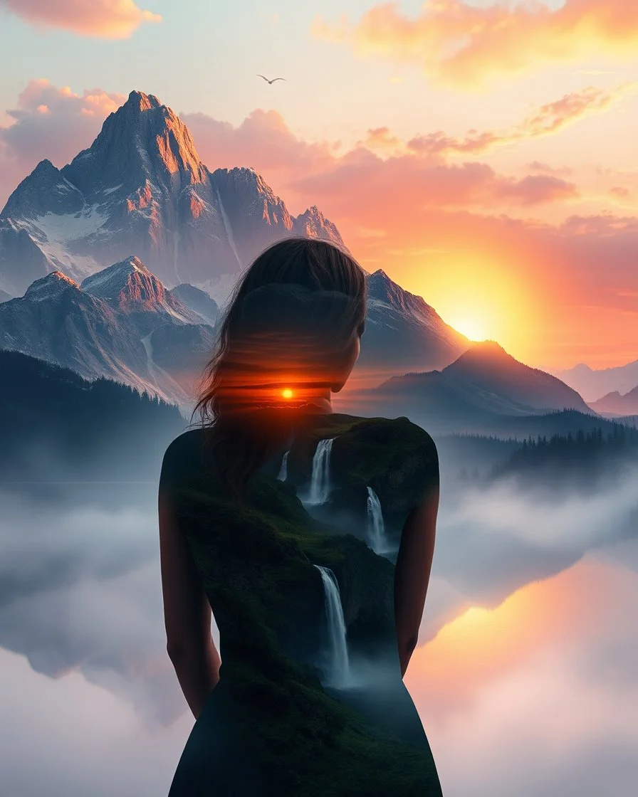 beautiful girl, back painted with mountains and waterfalls, sunset, 4k resolution, max detail, professional, surrealism