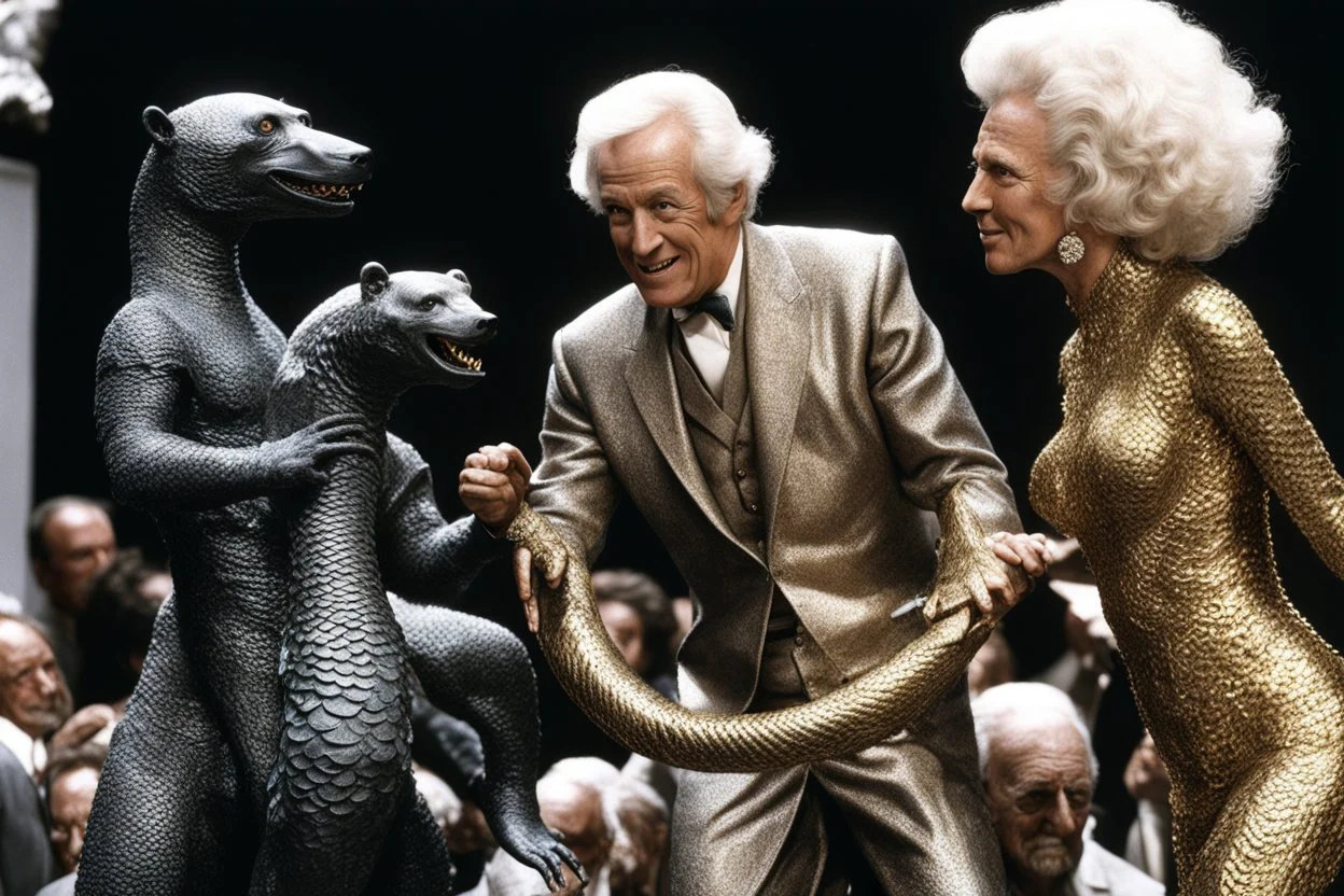 (crazy psychedelic high res photo by Ray Harryhausen) The first is tall, his skin gleaming like polished gold, with eyes that seem to reflect no light at all. The second is a woman with silver hair that writhes like serpents, her form shifting in and out of focus. The third bears no face at all, only a void where features should be, yet you can feel the intensity of its gaze boring into you like a physical force. These are not mere soldiers—they are embodiments of something darker, something tha