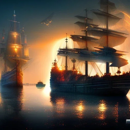 Fantasy city, cove, dock, night, ships, large