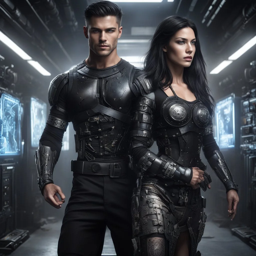 Hyper Realistic Young handsome muscular man with-short-black-hair & a soul patch wearing a skintight black long sleeve shirt cybernetic armor utility belt has weapons on it dancing with a beautiful-lady-with-long-black-hair wearing-circuit-patterned-gown in an underground control room with cinematic & dramatic ambiance"