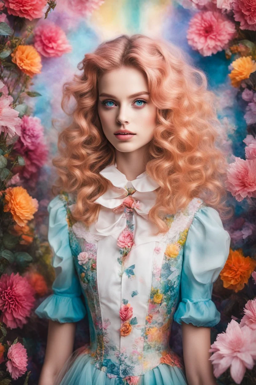 Realistic Photography beautiful Alice in wonderland, boheme chic outfit adorned with flowers, vibrant colors,photography inspired, soft pastels, brush strokes, ethereal, digital photography, beautiful and intricate patterns, delicate curls, rainbows, playful, stylish, high contrast, striking shadows, fantastical elements, modern twist, retro vibes, lively and energetic, surrealistic elements, kaleidoscopic patterns, dreamlike atmosphere, whimsical, effervescent, contemporary flair, eye-catching