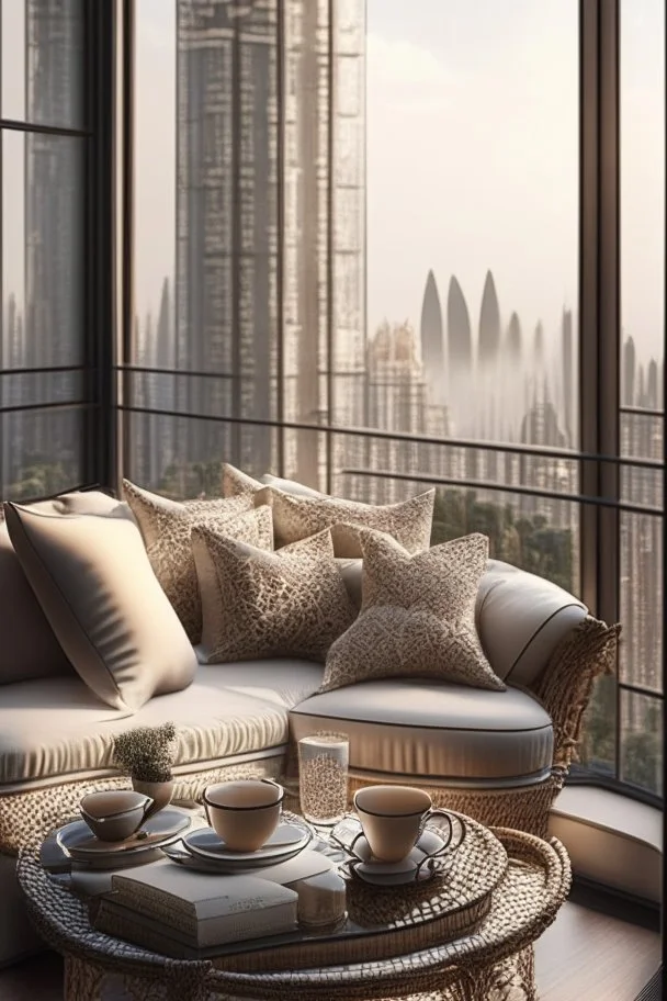 a wicker rattan sofa with silk and lace cushions , a glass-topped coffee table, an open book on top and a china coffee cup on the balcony of a luxury apartment, with a view of the luxury apartment through a large glass window in the background