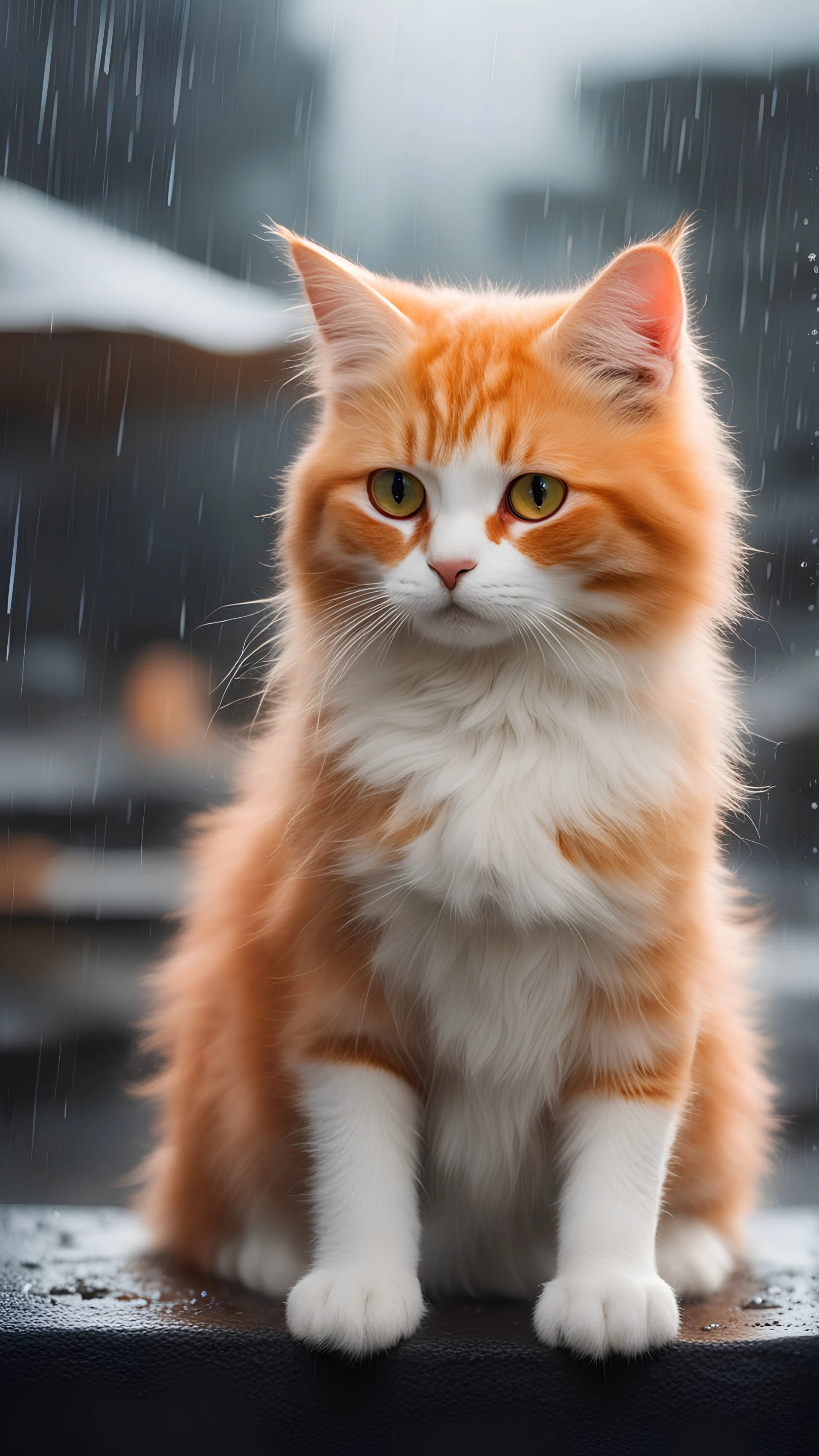 buatkan saya gambar full 8HD, Sebuah kucing kecil gemoy dengan bulu lembut orange dan mata sayunya yang berair, duduk sedih. Air mata mengalir dari mata kucing kecil tersebut, menambah kesedihan yang mendalam. Di belakangnya, kumpulan kucing lainnya. Suasana hujan deras yang membasahi teras rumah menambah kesan dramatis dalam adegan ini, menciptakan aura kesedihan yang meluap-luap namun juga penuh kehangatan.