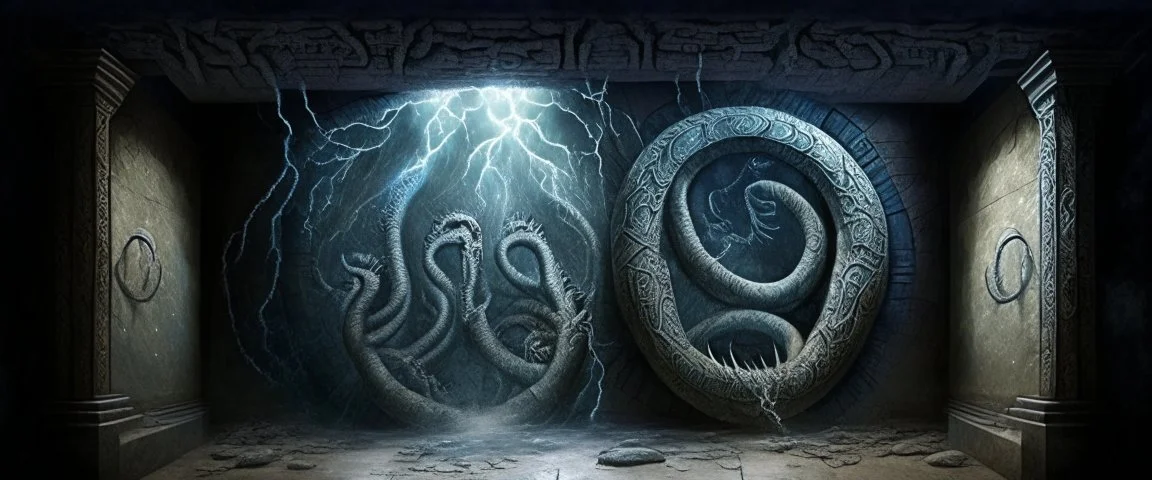 realistic strange paleozoic hydra "dimensional portal made of subatomic particles" in a gigantic Neanderthal jeweled palace hyeroglyphs on the walls, thunderbolt storm