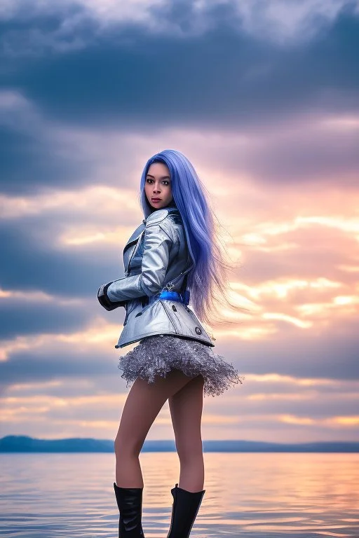 half body shot,realistic portrait of a 20-25 old caucasian model, long blue pink flowing hair, great grey eyes, blue leather jacket,full body, short white skirt,long legs,standing at beach of very nive lake with sunset ,clouds,godrayes