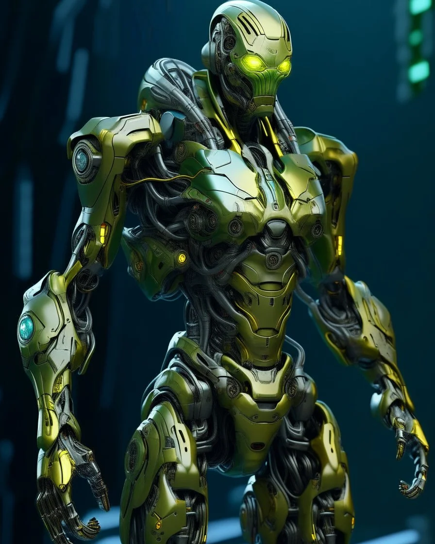 ANDROID man, torso with arms, full body armor, hyper detailed 8k colored pewter, yellow green and silver, incubus, detailed digital painting by Adam Martinakis, Howard Lyon, Alejandro Jansson, Aleksi Briclot, background art by Aaron Miller, ultra - fine detail, 16k, artstation trend, sharp focus, studio shot, intricate details