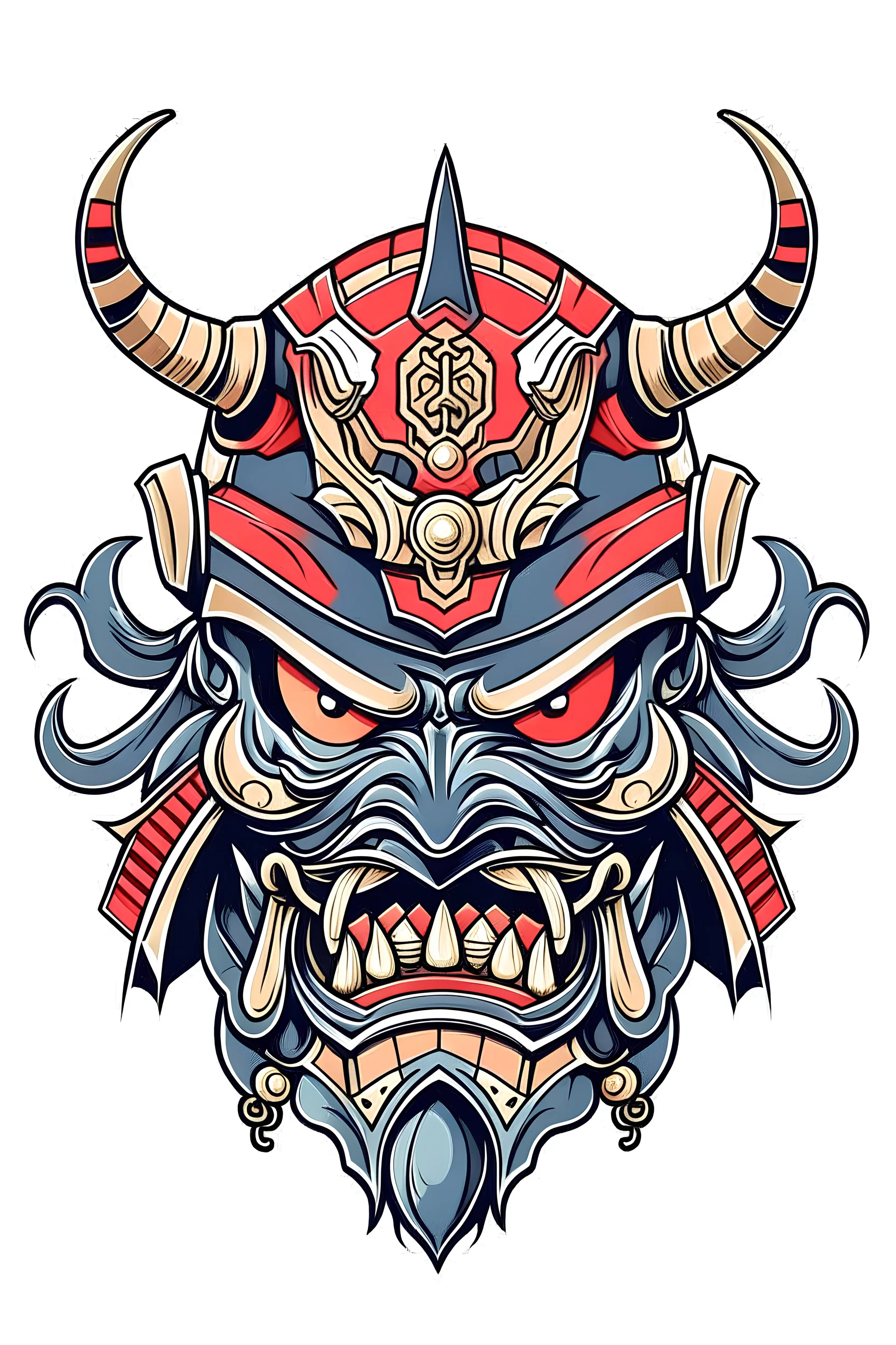 japanese oni in shogun armor, head only, front view, anime style, colorful flat colors, no background colors