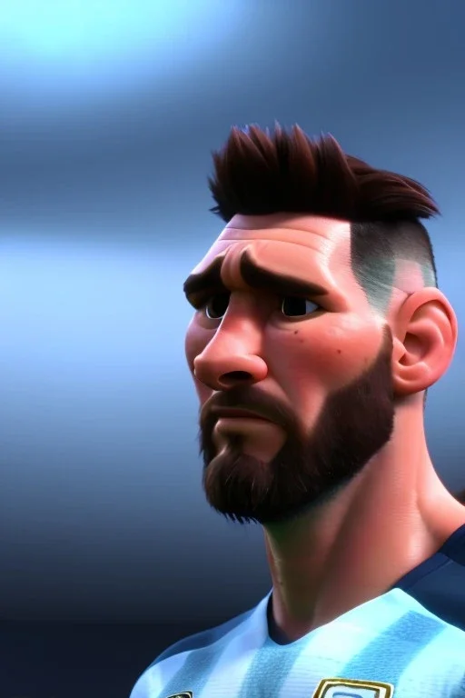 Realistic Messi Argentina soccer player Portrait, mid shot view, concept art, art station, 3d, photo studio, blue clean background, unreal engine 5, ray tracing, RTX, lumen lighting, ultra detail, volumetric lighting.