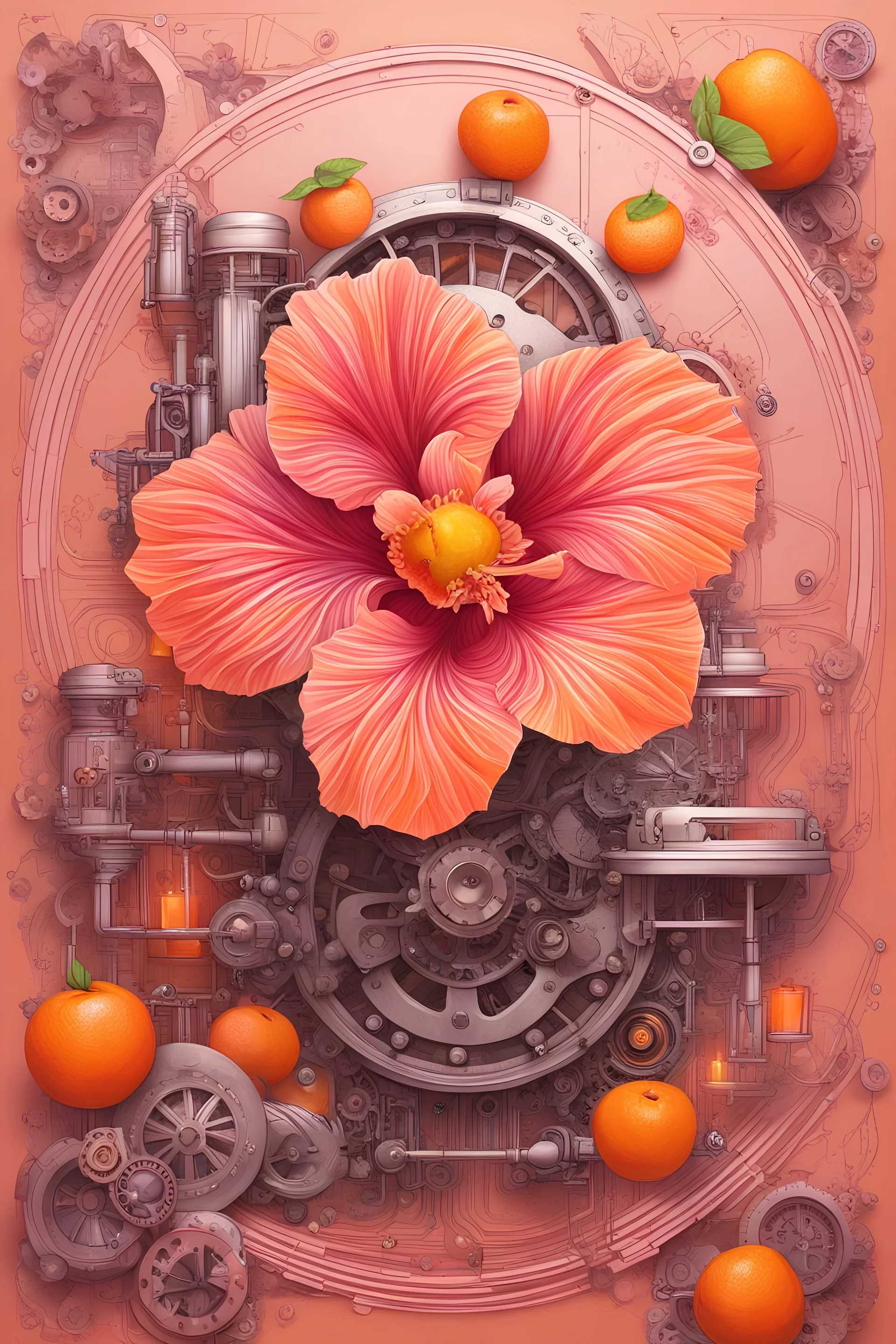 A complex 3D drawing of a steampunk pink hibiscus blooming among orange fruits, everything floating between orange juice, clear lines