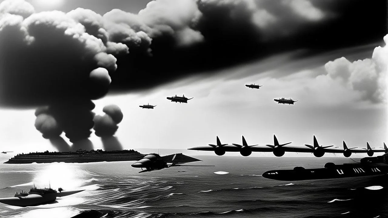 طائرات يابانية تقصف بيرل هاربر، مما أدى إلى دخول الولايات المتحدة الحرب العالمية الثانية.