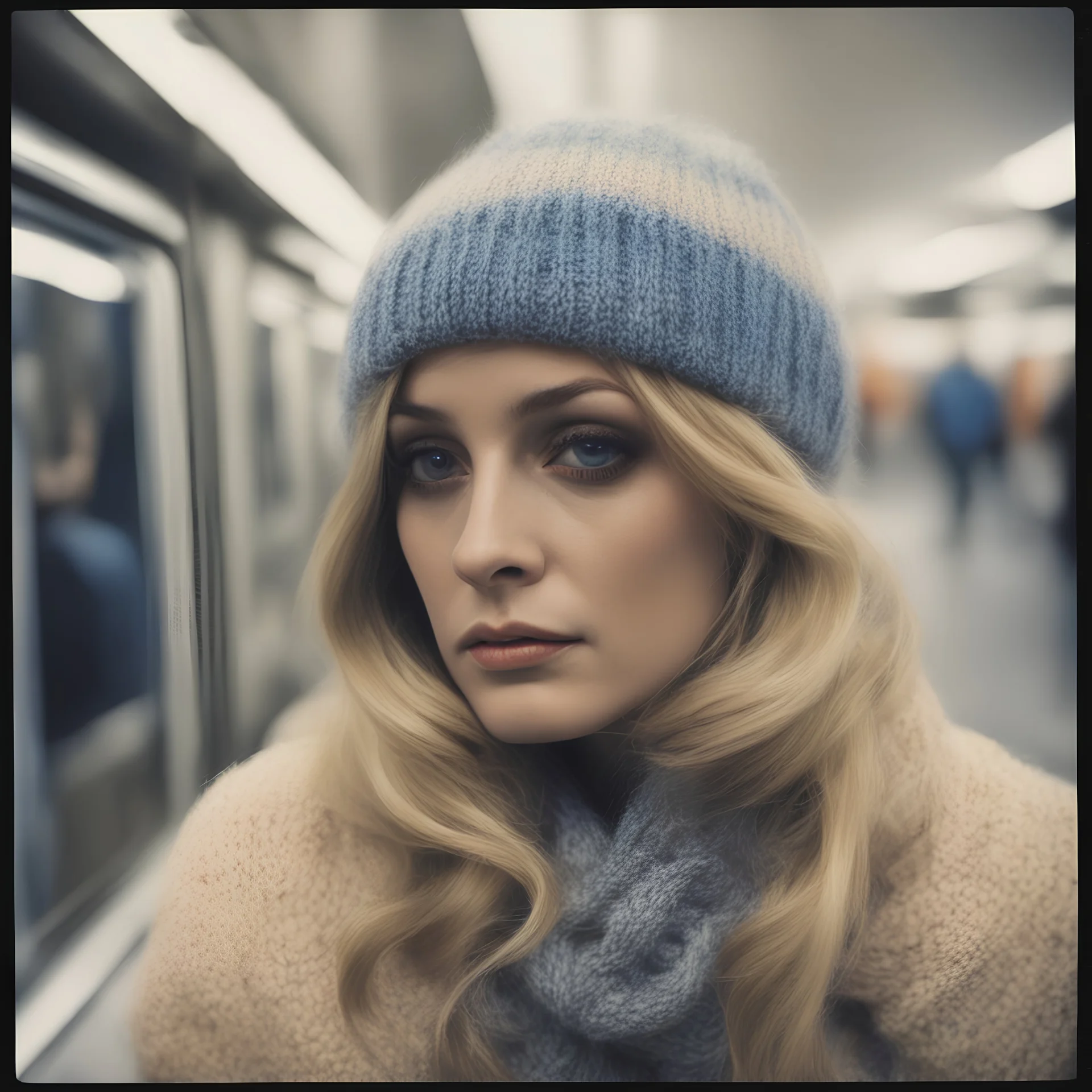 Sharontate, sad,in the metro in the style of a polaroid, , blue, Grey, beige,orange, with a knitted hat, eyes closed