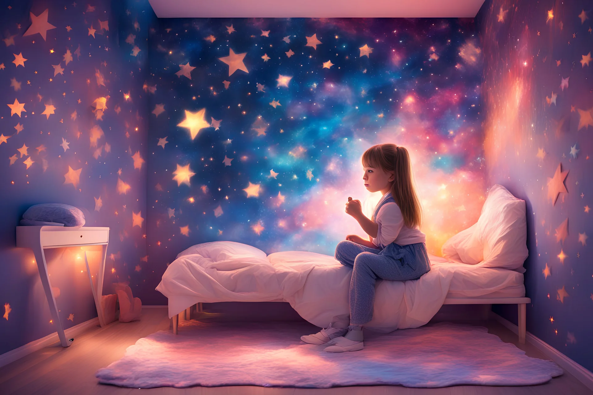 adorable girl, sitting, bedroom, shining stars, galaxy wall, imagination, dream, drawing, vivid colors