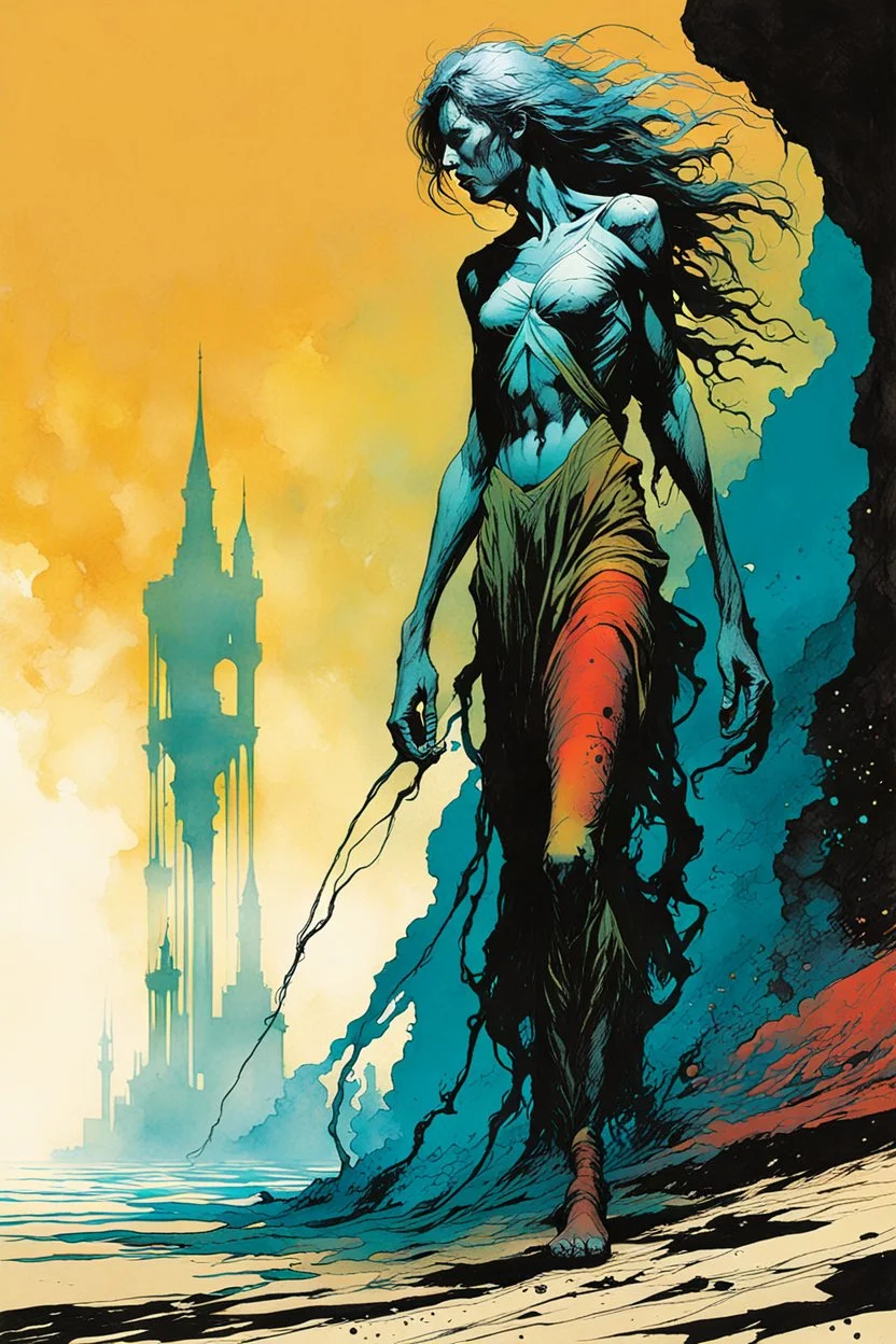 create an imaginative full body print illustration of an ethereal, otherworldly gaunt and withered ancient female Striga monster, in the comic book art style of Bill Sienkiewicz, Mike Mignola, and Jean Giraud Moebius, with highly and finely inked