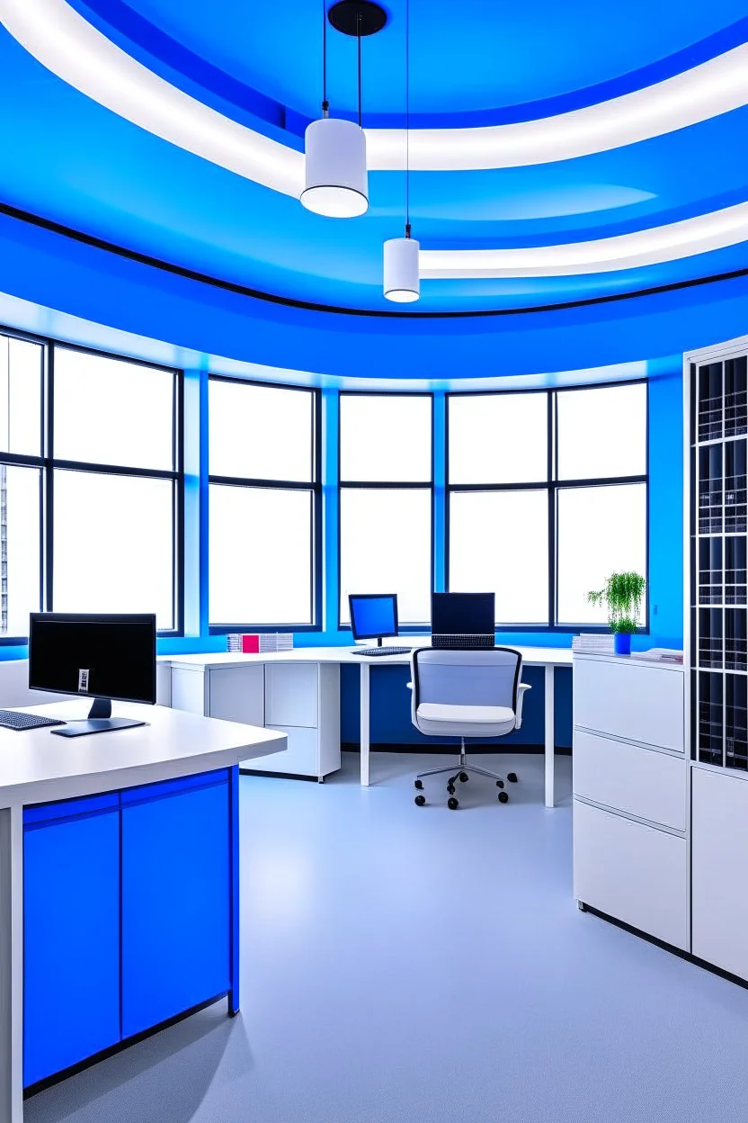 The office desks are hung on the walls in an oval shape, and the color of the walls is blue and the floor is white