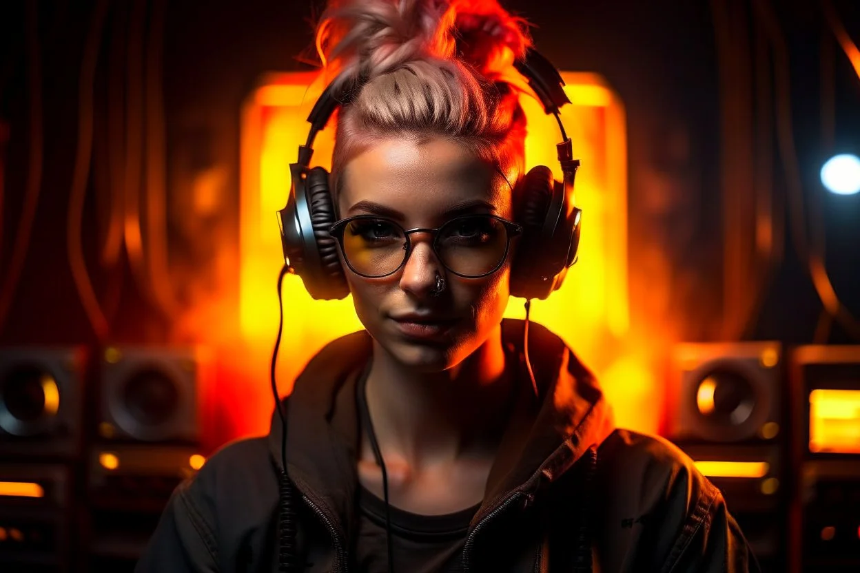 Portrait animateur radio cyberpunk, incendie en arrière plan