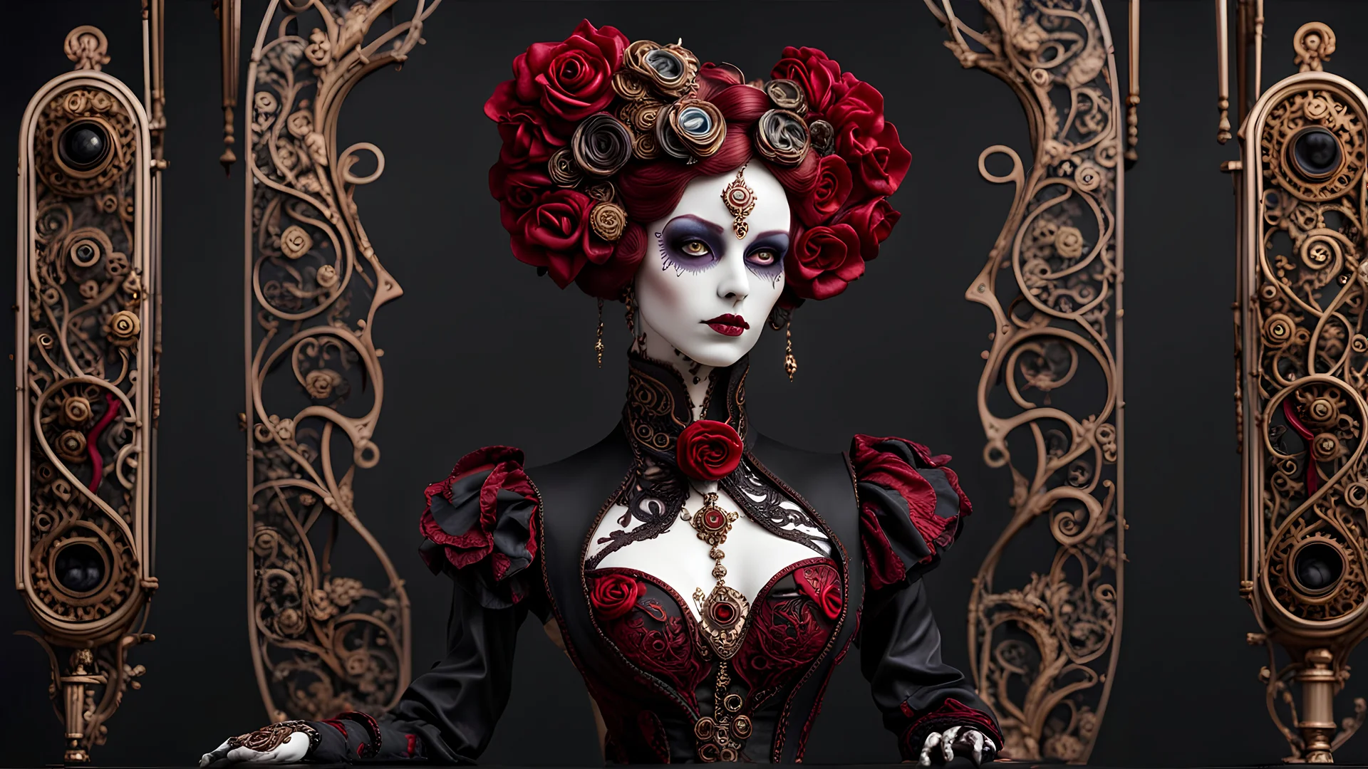 Posable Art Mannequin, Eerie, Flirty, Porcelain Painted, filigree steampunk, Dark Fine Arts, Morbid Fine Arts, Macabre Fine Arts, 16k Resolution, Trending On Artstation, High Quality, Sharp Focus, Intricate Details, Intricate Patterns, Chaotic, Dynamic Lighting, Backlit, Professional Photography, Canon Lens, Full Figure Shot, Deep Color, crimson and peach Silver Hour