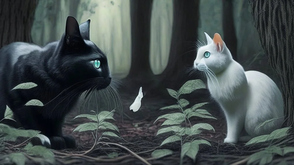 A black cat staring a white rabbit in the forest.