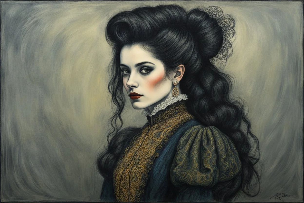 create a 3/4 profile, full body oil pastel of a dark haired, savage, ornately dressed, gothpunk vampire girl with highly detailed , sharply defined hair and facial features , in a foggy 19th century Moscow, in the style of JEAN-FRANCOIS MILLET and MARY CASSATT