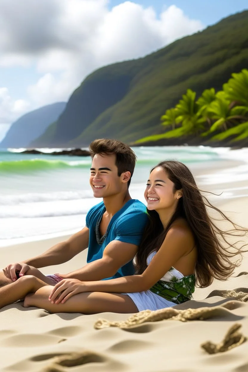 seorang pasangan remaja sedang bersama menikmati pantai di hawai