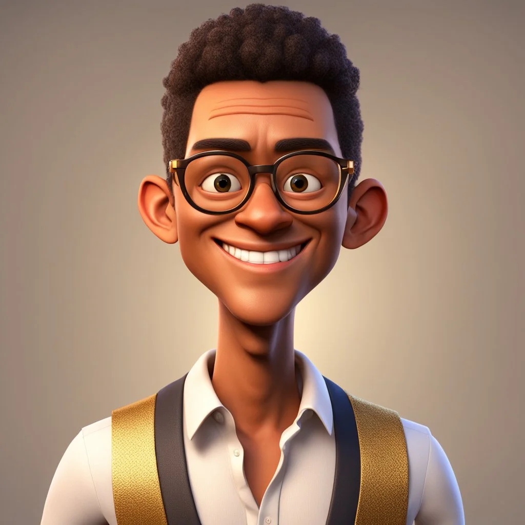 a portrait of smiling man. caricature. black rare hair. fair brown skin. black eye pupils. circle eyeglasses, thin gold frame. reverse oval face shape. white shirt with black vest. pixar style. 3D. 4k. portrait. highly detailed. sharp focus. high resolution. full color. cinema lighting