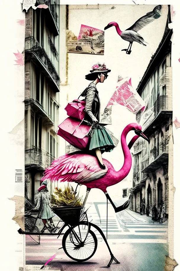 the woman rides on the back of a flamingo in the city center with a huge shopping bag, collage, stamp, old newsprint, pen, dry flower, ink, bizarre