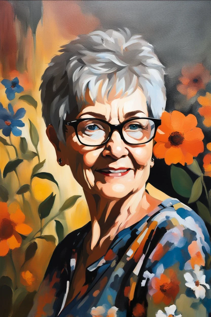 Oil paint on canvas, chiaroscuro, deep shadows, masterpiece, happy, 2020 caught off guard, 79-year-old Phyllis Kendall, short pixie-cut, shag-cut straight, dark salt and pepper hair, overweight, blue eyes, great big, round lensed eyeglasses, wearing a black, floral print, short-sleeved, pull-over shirt, dark blue sweatpants, sitting at the computer checking her emails