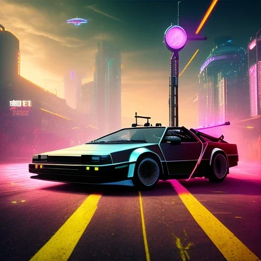 cyberpunk army DeLorean, cyberpunk 2077, center composition, water reflection, ultra realistic, shiny, smooth, studio quality, octane render, Surrealism, Triadic colour scheme, glow-stick, god rays, mist on the horizon' ambient lighting, nightclub lighting, polaroid, 100mm, --ar 1:1 --v4