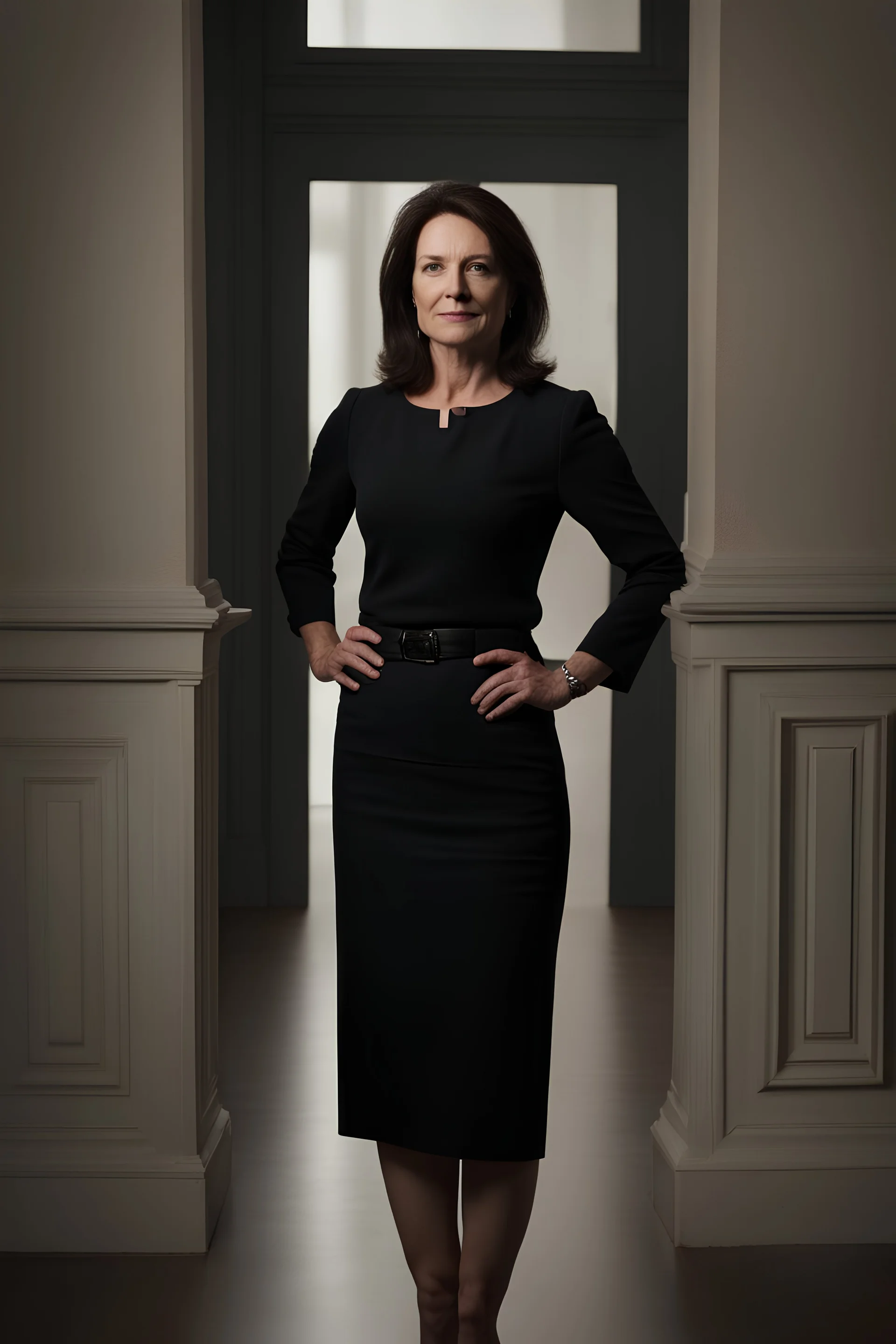 Powerful classical portrait of a modern brunette politician in her late 40s wearing a dark top a little zoomed out